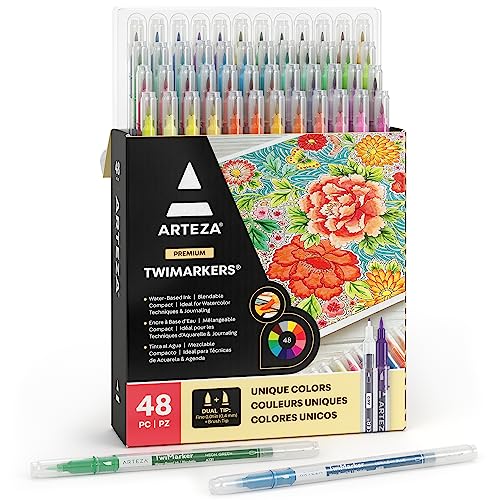 ARTEZA TwiMarker Rotuladores lettering de doble punta | Set de 48 colores | Rotuladores punta pincel y punta fina de 0,4 mm