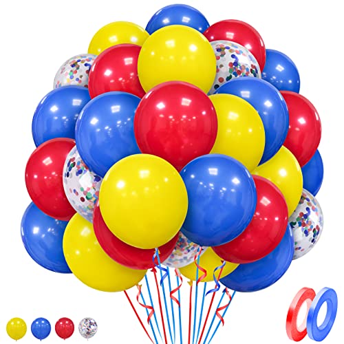 Globos Rojos Amarillos y Azules, 50 Piezas Globos de Látex Rojo, 12 Pulgadas Globos de Confeti Para Cumpleaños Bodas Aniversarios Carnavales Festivales Celebraciones decoraciones Para Fiestas