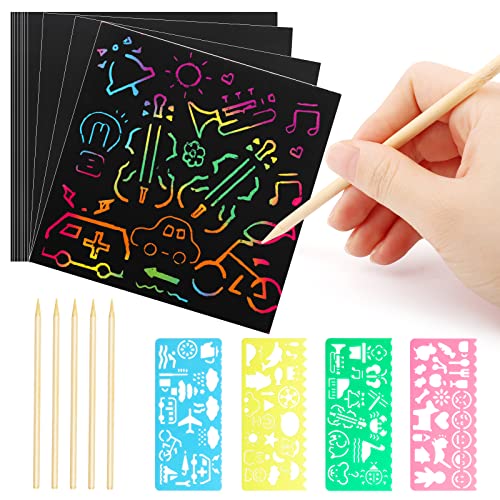 50 Piezas Scratch Art para Niños Papel Magico Hojas de Rascar Bloc de Notas Kit de Manualidades de Papel de Arte de Rascar para Niños Adultos con 4 Regla de Dibujo y 2 Plumas de Madera | 8.5 * 8.5cm