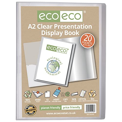 eco-eco Eco103 - Cuaderno de presentación (50% reciclado, 20 bolsillos, transparente y transparente, con fundas de plástico)