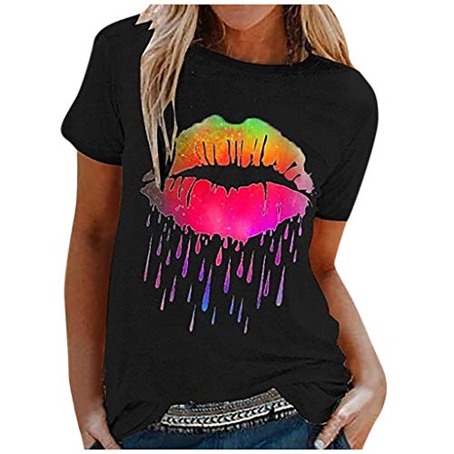 Blusas para Mujer, Blusas de Manga a la, Camiseta Colorida, Blusa Informal con Estampado de Labios y Cuello Redondo para Mujer Camisetas Danza Mujer Camisetas Africanas Mujer Camisetas Mujer Dibujos