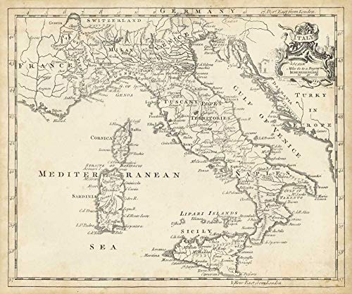 Imagen en lienzo enrollado Mapa de Italia Jeffreys T. - Mapas horizontales Arte impreso Mapas Europa Europa Países Italiano Italia H Lienzo bellas artes 23_X_28_in