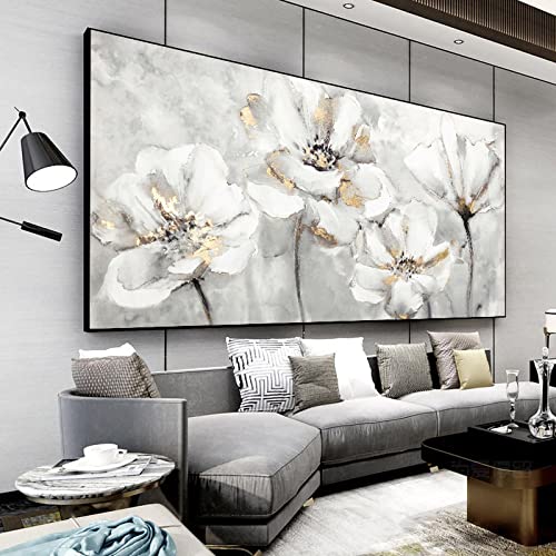 Yayun Art Moderno abstracto blanco y dorado flor lienzo pintura impresiones y carteles pared arte cuadros para sala de estar decoración del hogar 70x18 5cm/28x73in con marco negro
