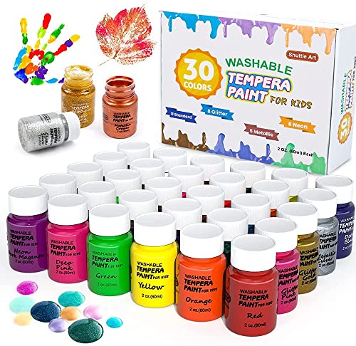 Pintura al temple, Shuttle Art, juego de pintura al temple lavable de 30 colores para niños, botellas de 2 oz, brillo metálico y colores neón y botellas de boca ancha fáciles para carteles