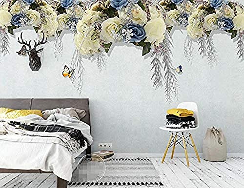 Papel pintado de mariposa floral amarillo minimalista nostálgico Pared Pintado Papel tapiz 3D Decoración dormitorio Fotomural de estar sala sofá mural-400cm×280cm