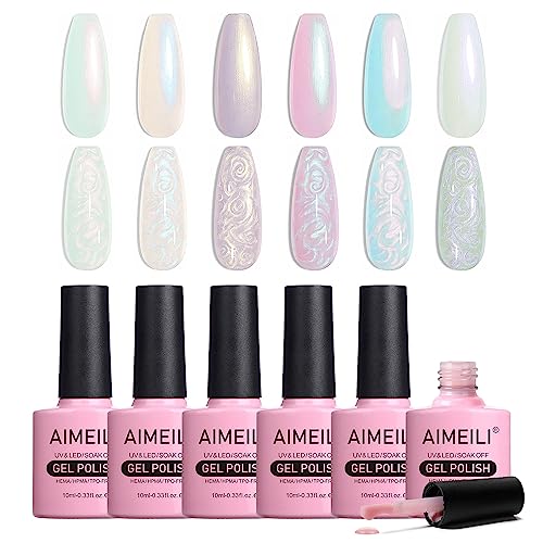 AIMEILI Juego de esmaltes de uñas de gel de concha de perla, 6 colores 10ml Gel de dibujo con brillo Shimmer Mermaid Gel semipermanente Soak Off UV LED - Set 42