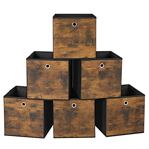 SONGMICS Cajas Organizadoras de Almacenamiento, Cajas Plegables Abiertas, Juego de 6 Organizador para Ropa, Juguetes, 30 x 30 x 30 cm, Tela no Tejida, Tela Oxford, Marrón Rústico y Negro RFB102B01