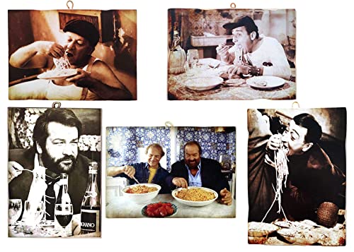 KUSTOM ART Juego de 5 cuadros estilo vintage serie actores famosos a mesa (Toto, Sordi, Village, etc.). Impresión en madera de 18 x 25 cm.