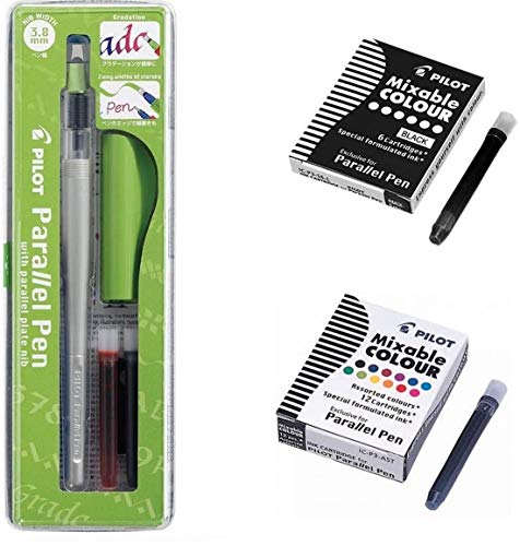 Blumie Bolígrafo Pilot Parallel Pen de 3,8 mm + 1 caja de 12 cartuchos de tinta Mixable Colour + 1 caja de 6 cartuchos negros + 1 regla marcapáginas de madera