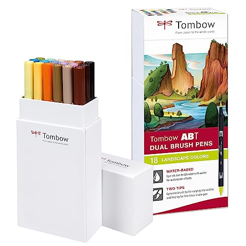 Tombow - Rotuladores Lettering para Dibujo Dual Brush - Con Doble Punta, Base de Agua, Colores Paisajes, Juego de 18 Unidades
