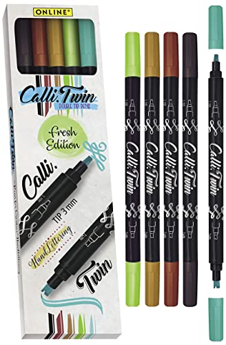 Online Calli.Twin Fresh Double Line Pen - Juego de 5 rotuladores de doble punta para escritura a mano, juego de caligrafía, punta de caligrafía y punta dividida para diarios, acuarelas y acuarelas