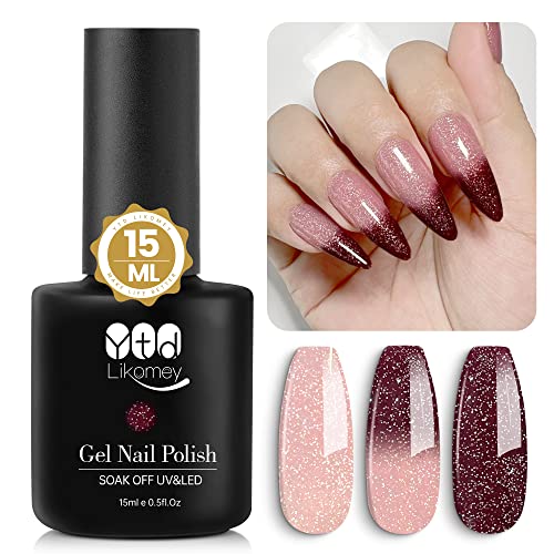 YTD Likomey Esmalte Semipermanente de Uñas en Gel UV LED,15ml Pintauñas Permanentes Camaleón de Temperatura Cambio de Color-Purpurina Rosa Claro Burdeos