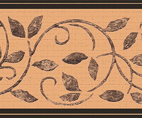 Dundee Deco DDAZBD9084 - Borde de papel pintado para despegar y pegar, color gris damasco, marrón, rollos de sepia, hojas, borde de pared retro, 4,57 m x 17,78 cm, autoadhesivo
