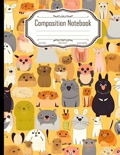 Composition Notebook Wide Ruled: Cartoon Animals Pastel Yellow Background, 120 Pages, Size 8.5x11 Inches
