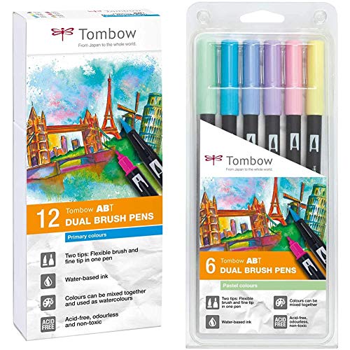 Tombow ABT-12P-1 Fiber Pen Dual Brush Pen con dos puntas Juego de 12 primarios + 6 Rotuladores Dual Brush Pastel