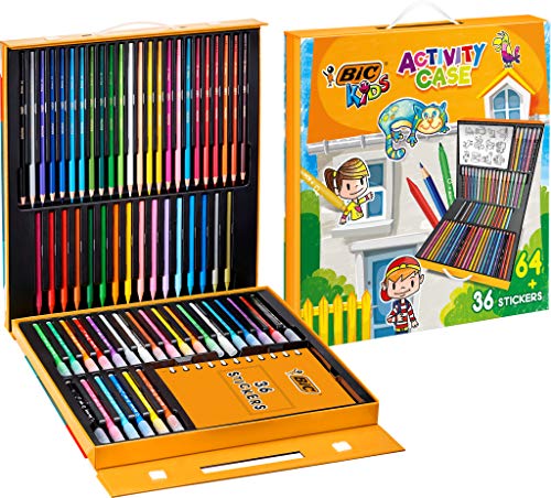 BIC Kids Maletín para Niños con 24 Lápices de Colores, 24 Rotuladores, 16 Ceras y 36 Adhesivos, Material Escolar, Multicolor, Juego de 100 piezas