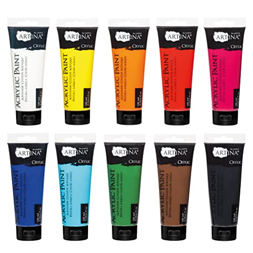 Artina Set de 10 Pinturas Acrílicas 120 ml Crylic – Pintura Opaca Secado rápido para Pintar 10x120 ml Pinturas acrílicas Set de Colores de Base con Tubos Resistentes al Agua y Alta pigmentación