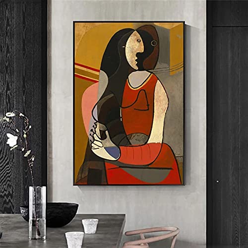 Kuingbhn Mujer sentada Pablo Picasso Reproducciones de Pinturas en Lienzo Impresiones de Arte de fama Mundial Picasso Cuadros Abstractos de Pared Decoración 60x90cmx1pcs Sin Marco