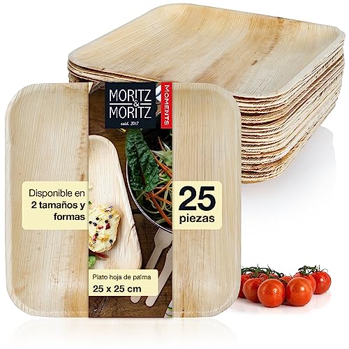 Moritz & Moritz vajilla de hoja de palma cuadrada 25 piezas - 25 platos desechables elegantes aprox. 25,5 x 25,5 cm - Vajilla ecologica alternativa a platos o vajilla de bambú