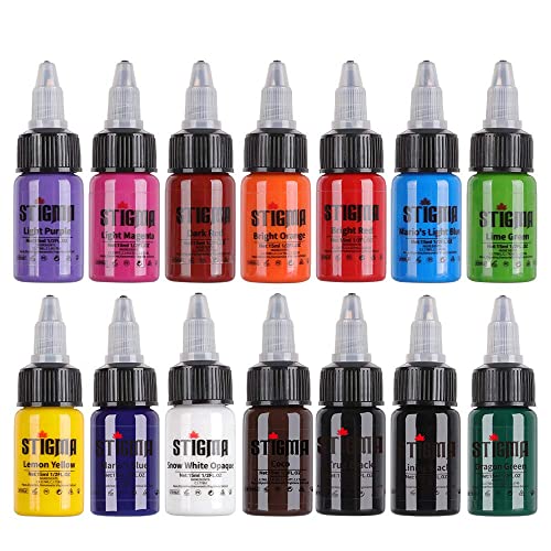 STIGMA Kit de Tintas para Tatuaje Tattoo Ink Set 15 ml 1/2 oz 14 Botellas Conjunto de Pigmentos para Tatuaje Tattoo Ink Kit Primarios de 14 Colores Suministros para Tatuajes…