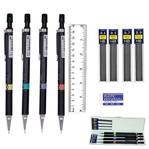 QAQHZW Juego de Portaminas0,3, 0,5, 0,7, 0,9 mm, HB 4PCS Portaminas, Bosquejo, Dibujo, ilustración, ingeniería, Construcción, Escritura y Tareas.