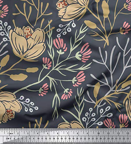 Soimoi Pura Tela de Seda Impreso Floral para Coser Material de alimentacion por el medidor 44 Pulgadas de Ancho-Azul Griso¡CEO