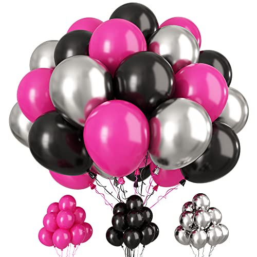 Globos de color rosa rojo y negro fuertes, 30 piezas de 12 pulgadas, Globos negros de látex rosa fuerte y plateado para niñas de cumpleaños Baby Shower Aniversario Boda Party Decoración de graduación