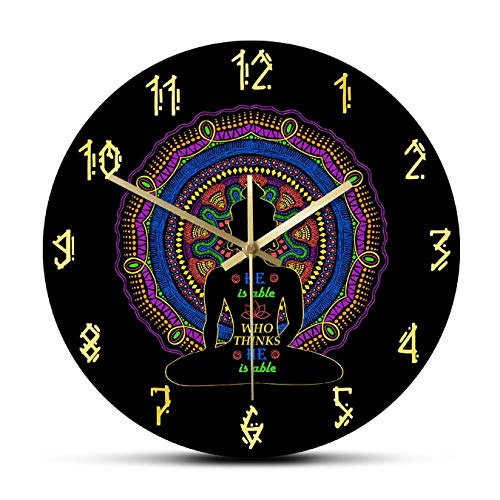 mazhant Él es Capaz quien Piensa Que es Capaz Buda Silueta Mandala Diseño Reloj de Pared Estudio de Yoga Decoración de Arte Zen Reloj de Pared silencioso colgante-30X30cm