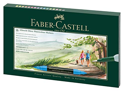 Marcador de acuarela Faber-Castell 160318 con doble punta para una aplicación plana y precisa de pintura, incluido un cepillo para tanque de agua, estuche de 16