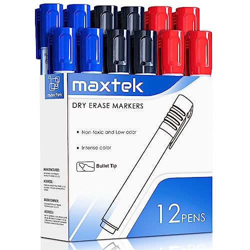 maxtek Rotuladores Pizarra Blanca, 12 Whiteboard Marker, Punta Redonda 2-3 mm, Juego de tinta de bajo olor en 3 colores, Para el Hogar Escuelas u Oficin