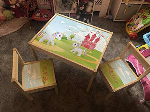 MakeThisMine Pegatina personalizable para mesa y 1 silla para niños, Ikea LATT, solo madera, nombre grabado, unicornio, castillo de cuento de hadas, arcoíris, niños, niñas, juego de escritorio impreso