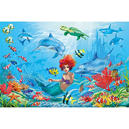 GREAT ART® XXL póster habitación infantil - sirena - ilustración mural cuento de hadas motivo mundo submarino aventura pez naufragio mar decoración del cuadro (140 cm x 100 cm)