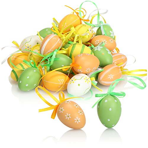 COM-FOUR® 36x Huevos de Pascua para Colgar - Decoraciones de Pascua pintadas a Mano en fantásticos Colores - Huevos de Pascua Decorativos con Bonitos Motivos (Verde. Naranja. Amarillo. Blanco)