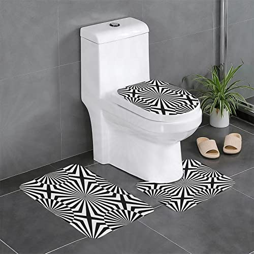 Alfombra de baño de 3 Piezas, Ilusión óptica Op Art Patrón Monocromo Composición gráfica Ray,Alfombra de Ducha Alfombra de baño de Secado rápido,Alfombra de Contorno en Forma de U y Asiento de Inodoro