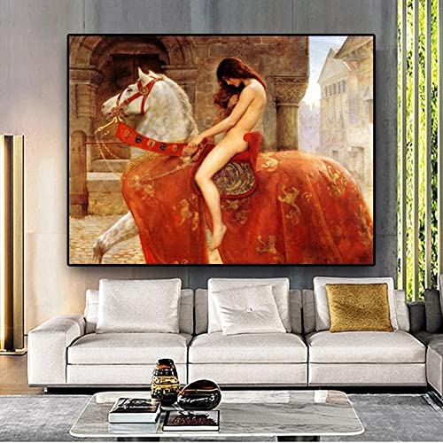 Decoración de pared de gran tamaño - Pintura al óleo 100% pintada a mano Vestido rojo Mujer desnuda Montar a caballo Reproducción Cuadros Cuadros de arte de pared para sala de estar Decoración d