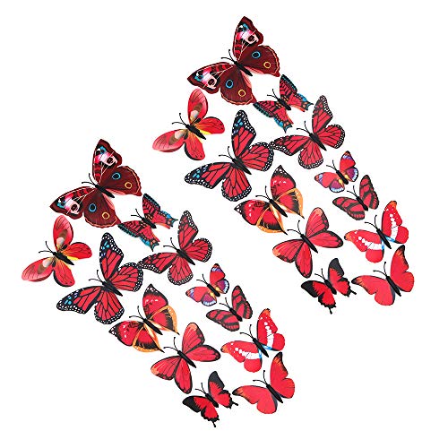 Shiwaki 24pcs simulación 3D Tridimensional Mariposa imán Etiqueta de la Pared decoración Etiqueta engomada del refrigerador decoración del hogar (Rojo)