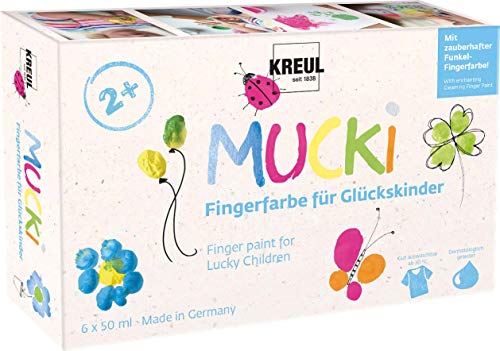 KREUL 23050 - Pintura de dedos Mucki para niños afortunados, 6 x 50 ml en amarillo, rosa, azul diamante, verde, naranja, plata dragón, sin parabenos, sin gluten, sin lactosa, vegano, lavable