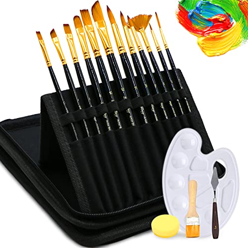 13 Set de Pinceles,LandJoy Profesionales Artist Brush de Pintura de Nilón de Manija de Madera de Pintura al óleo de Acuarela Acrílica con Espátula,Esponjas,Pinceles,Paleta de Color