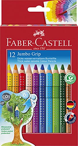 Faber-Castell 110912 - Jumbo, estuche de cartón con 12 lápices de colores de colores Grip, acuarelables, lápices escolares, multicolor