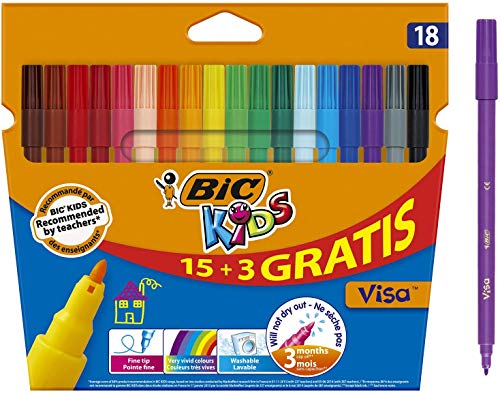 BIC Kids Visa Rotuladores de Colores Lavables para Niños Punta Fina – No se Secan - Blíster de 18 Marcadores