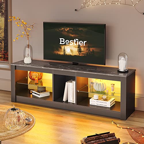 Bestier Centro de entretenimiento LED para juegos de TV para TV de 55 pulgadas, estantes de vidrio ajustables, 22 modos RGB dinámicos, consola de juegos PS4, mármol negro