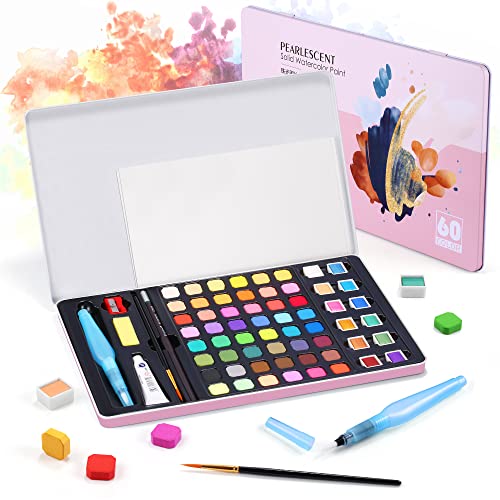 DazSpirit 60 Colores Acuarelas Profesionales, Portátil Kit Acuarelas para Niños, Artistas, Principiantes, Aficionados, Set Acuarelas con 8 Acuarelas Bloc De Papel Versátil(Rosa)