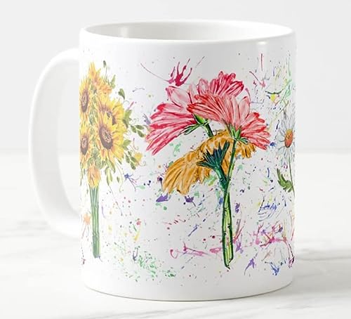 Taza de acuarela con diseño de flores de margarita, girasol, gerbera, narciso, acuarela, arte, regalo, cumpleaños, trabajo, oficina, Navidad, té, café, (blanco)