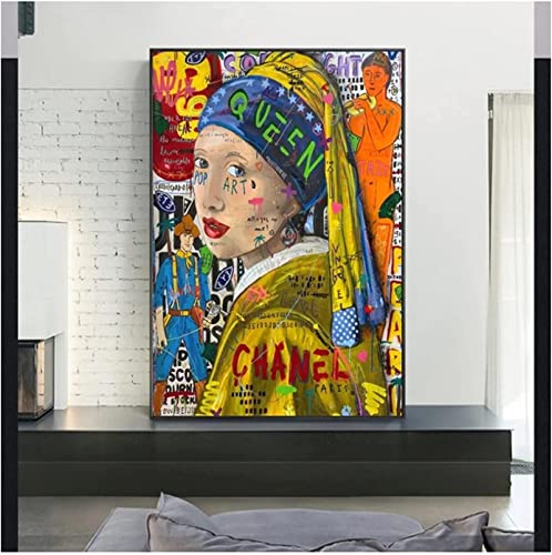 cuadros decoracion salon (50x70cm-Frameloos ) Graffiti Chica con un arete de perla Calle y cuadros para la decoración del hogar