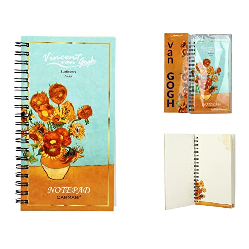 CARMANI - Cuaderno encuadernado con alambre, cuaderno de notas a cuadros en espiral de oficina impreso con Vincent Van Gogh, girasoles en un florero