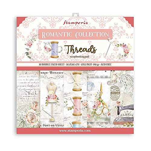 STAMPERIA INTERNATIONAL, KFT Stamperia-Scrapbooking Pad-Romantic Threads, multicolor, 30,5 x 30,5 cm, 12 x 12 inches