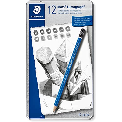 STAEDTLER Mars Lumograph 100 G12, Pack de 12 lápices de dibujo de distinta dureza, Azul