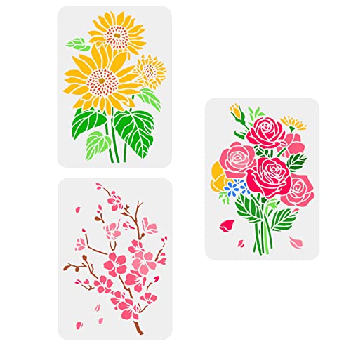 FINGERINSPIRE 3 Pieza Plantilla Pintura Girasoles 21x29.7cm Plantilla Dibujo Rosas Plantilla Flor Cerezo para Decoración Primavera Verano Plantilla Flor Natural para Pintura Muebles Pared