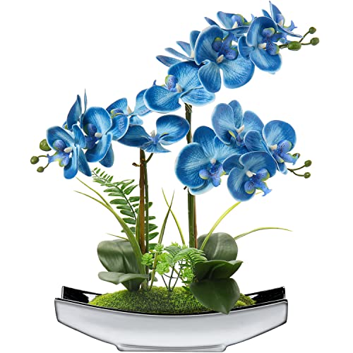 Arreglo de flores artificiales de Phalaenopsis de 15 pulgadas, bonsái de orquídea artificial en maceta plateada, flores falsas de seda para centros de mesa, sala de estar, decoración del hogar