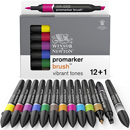 Winsor & Newton Promarker Brush - Set de Rotuladores de Doble Punta, Punta Pincel, Tinta Base Alcohol, 12 + 1 Blender, Colores Vibrantes